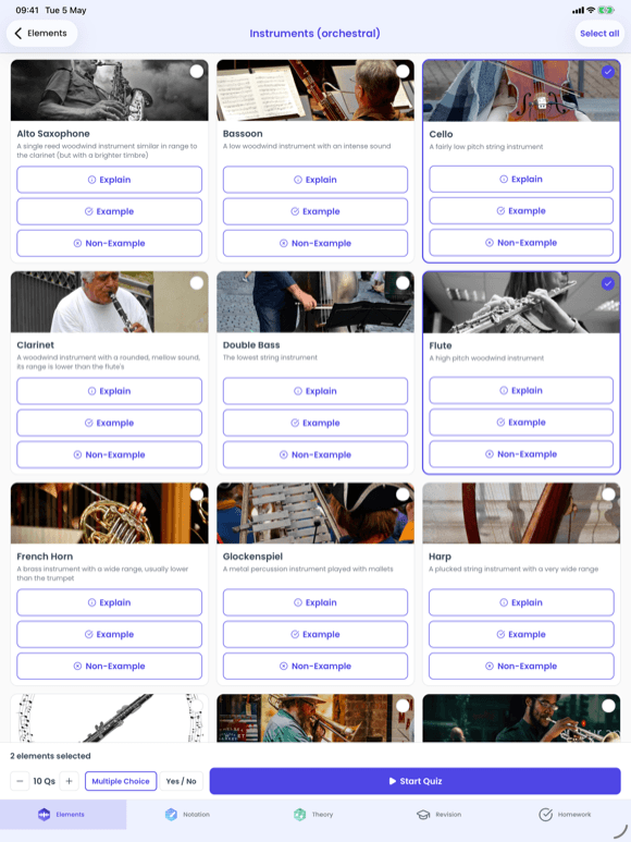 Orchestral instrument elements on a tablet